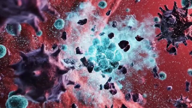 Microscopic view of a vibrant biological microscopic world with blue and purple cells in red fluid showcasing an explosion of cellular activity with debris and particles drifting 