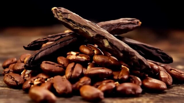 Roasted Coffee Beans and Dark Carob Pods Piled on a Rustic Wooden Surface.