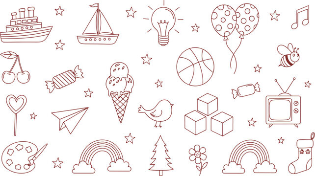 Hand drawn variety of cute toys food nature and travel objects for children coloring books and creative projects hand-drawn vector illustration doodle art or icon set
