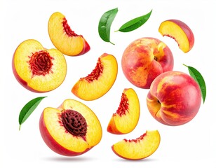 Fototapeta premium Floating peaches, slices, and leaves on a white background