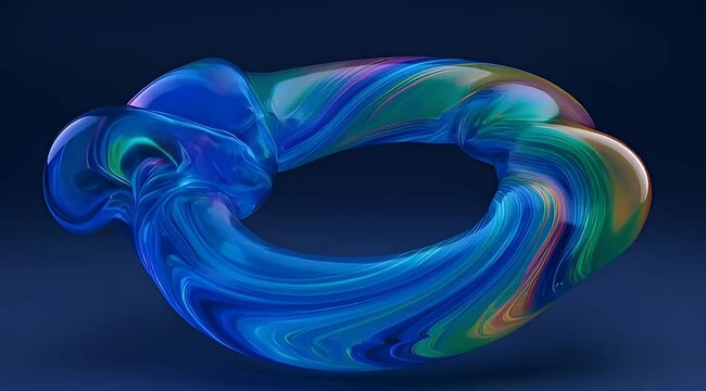 Abstract 3D liquid torus with iridescent glass texture, flowing blue fluid sculpture on dark background, modern glossy geometric shape