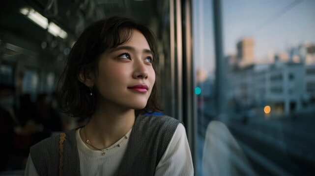 女性が夕暮れの地上区間で街並みの流れを背に頬へ橙の反射を受ける