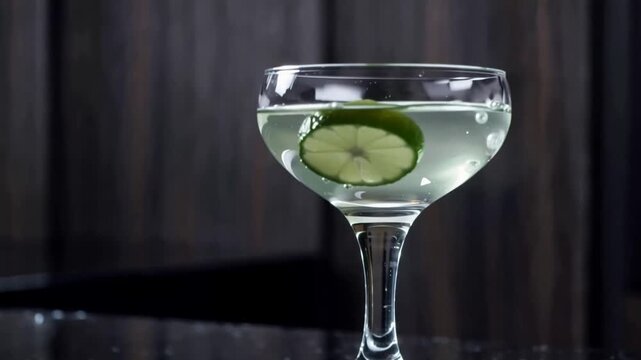Refreshing green cocktail with a fresh lime slice in an elegant coupe glass.