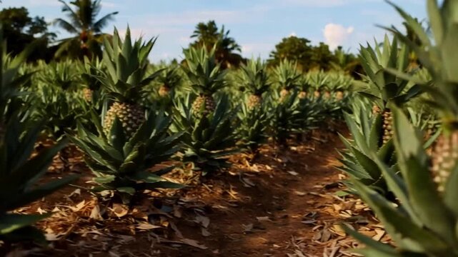 Rows of Fresh Pineapples Growing in a Tropical Farm Field Under a Bright Blue Sky.