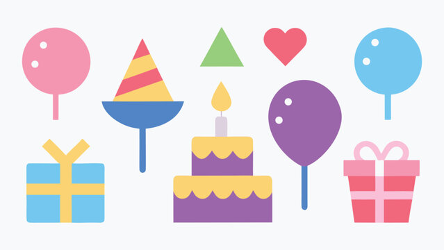 Colorful flat vector icons for a birthday party featuring balloons in multiple colors a purple tiered cake and several wrapped gift boxes.