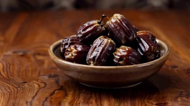 Delicious sweet dates close up in rustic bowl on a beautiful wooden table.