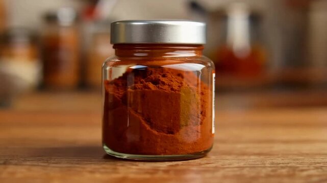 Vibrant red paprika powder in a glass jar, perfect for cooking and seasoning.