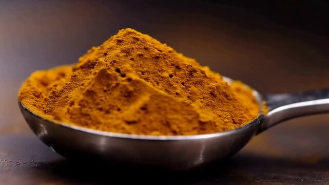 Aromatic golden turmeric spice powder fills a spoon, ready for cooking and healthy recipes.