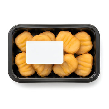 Failed: Failed to a black rectangular tray filled with golden-brown chicken nuggets with a white label on top that reads 'fresh chicken nuggets'fetch