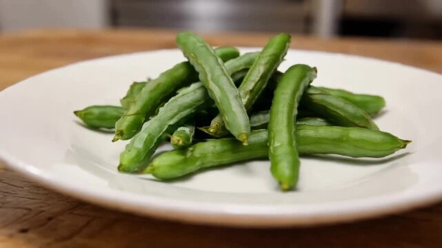 Fresh Vibrant Green Beans Served on White Plate, Perfect for Healthy Eating and Delicious Cuisine.