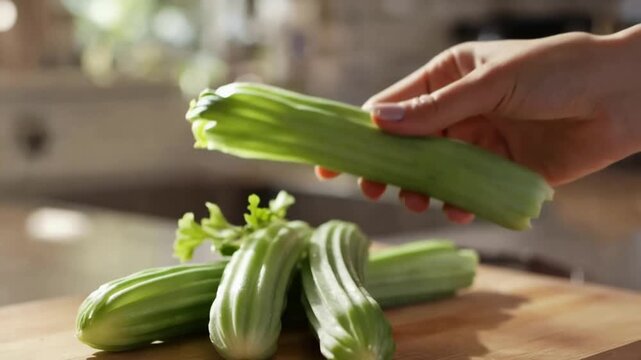 Fresh green celery stalks being placed on a wooden board, ready for healthy cooking.