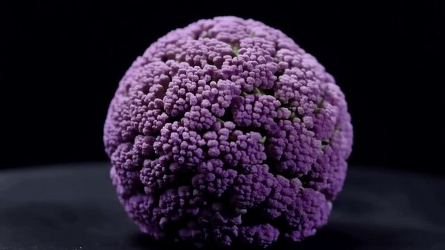 Vibrant Organic Purple Cauliflower Slowly Rotating Against a Dark Background, Fresh Healthy Vegetable.