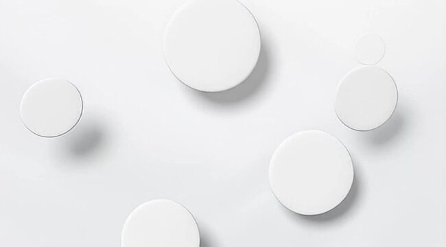 Minimalist white 3D circles background, abstract geometric motion graphics, clean corporate aesthetic with floating round shapes and soft shadows