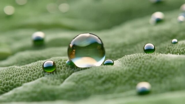Close Up of Fresh Morning Dew Beads Magnified on Textured Plant Surface.