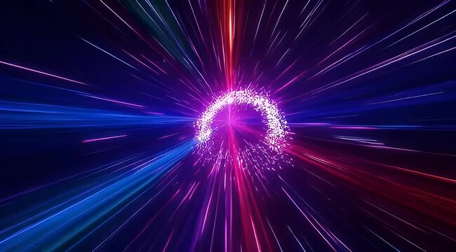 Futuristic light speed warp tunnel, glowing cosmic energy particles in motion, abstract neon blue and pink hyperdrive space travel background