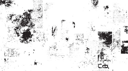 Fototapeta premium Black ink splatters and text fragments on white background abstract grunge texture