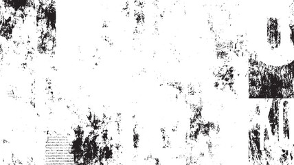 Obraz premium Black ink splatters and grunge textures on white background with faint text fragments abstract