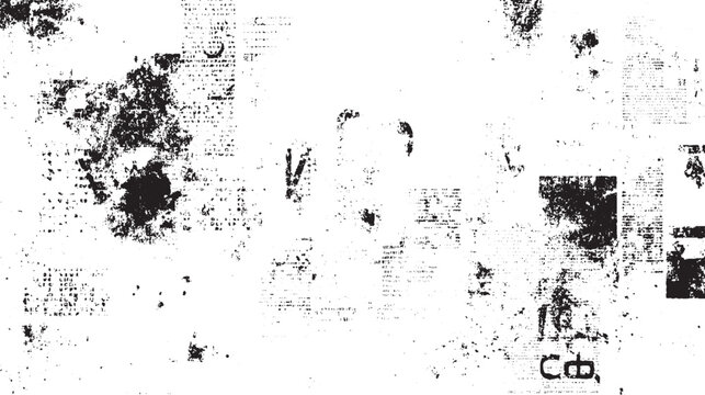 Black ink splatters and text fragments on white background abstract grunge texture