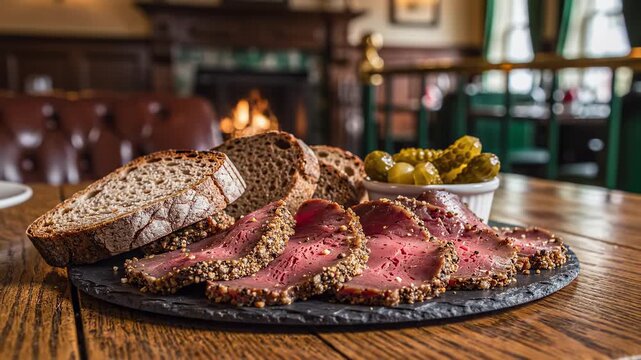 Sliced pastrami with rye bread and pickles served on a stone platter in a cozy pub restaurant setting. Traditional meat dish on a wooden table. Gastronomy food background.