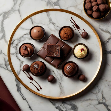 Elegant chocolate dessert assortment is displayed as flat lay on marble