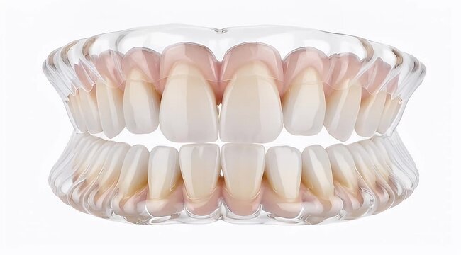 Clear dental aligners on human teeth, transparent orthodontic bite splint for teeth straightening, medical 3D render of invisible braces on white background