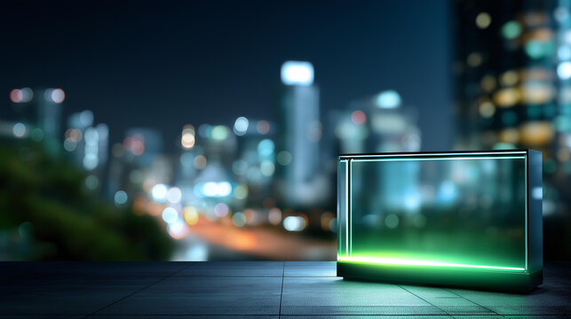 Futuristic cityscape at night with vibrant neon lights and a blank green display screen, digital urban environment, technology and media backdrop, sci-fi city concept, defocused
