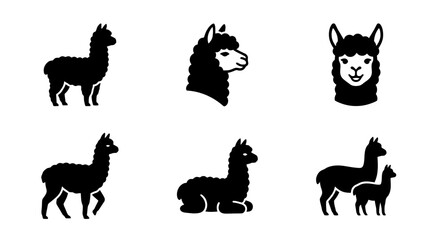 Fototapeta premium collection of alpaca, 6 filled black minimal icon vector set , white background , PNG and SVG isolate