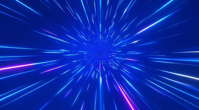 Abstract blue tunnel with bright light streaks accelerating into the distance