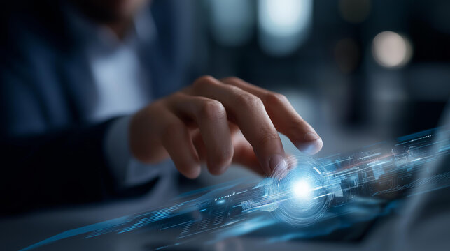 Faceless businessperson's hands interacting with a glowing abstract holographic interface, innovation in action, data flow visualization, digital problem-solving, technological