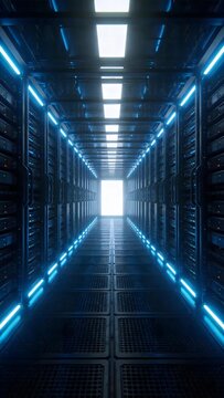 Long corridor of server racks illuminated by blue neon lights in a data center