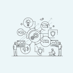 Obraz premium Business process optimization with data analysis, idea generation, and security measures, illustrating teamwork and strategic planning.