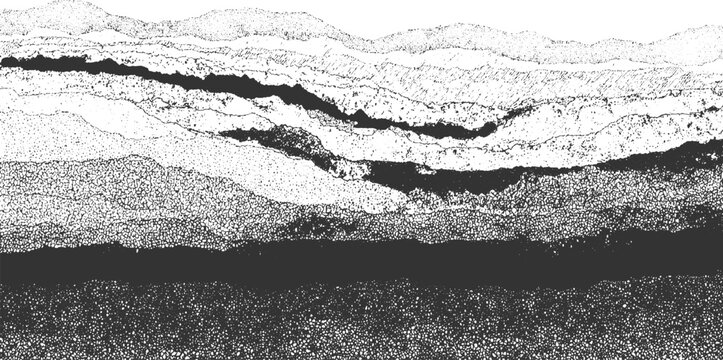 Abstract layered geological strata with dark fissure and textured hills pattern black white