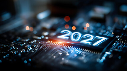 Fototapeta premium Futuristic year 2027 glowing in LED lights on an electronic circuit board, technological innovation, computer science advancement, digital future, next-gen computing concept,