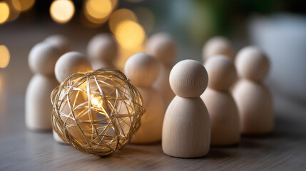 Wooden faceless figurines surrounding a glowing network sphere in soft ambient light, teamwork concept, community engagement, collaborative innovation, technological advancement,