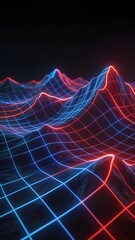Naklejka premium Neon grid landscape with blue and red glowing lines forming undulating terrain