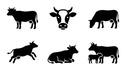 collection of cow, 6 filled black minimal icon vector set , white background , PNG and SVG isolate
