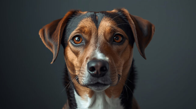 Dog Portrait. Realistic portrait of a domestic dog looking directly at the camera, detailed fur and whiskers, bright eyes with natural reflections, soft natural lighting, neutral blurred background cr