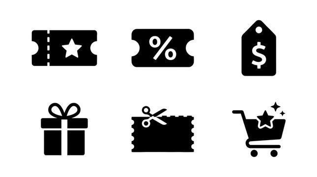 collection of coupon, 6 filled black minimal icon vector set , white background , PNG and SVG isolate