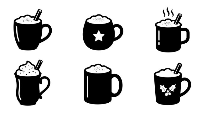 collection of eggnog mug, 6 filled black minimal icon vector set , white background , PNG and SVG isolate