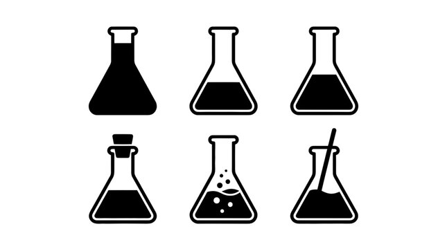 collection of erlenmeyer flask, 6 filled black minimal icon vector set , white background , PNG and SVG isolate