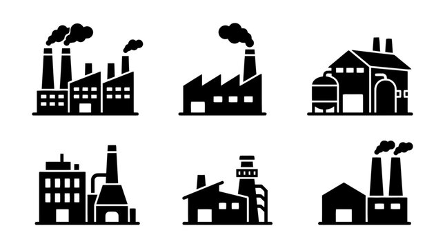 collection of factory building, 6 filled black minimal icon vector set , white background , PNG and SVG isolate