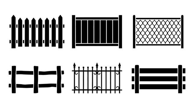 collection of fence, 6 filled black minimal icon vector set , white background , PNG and SVG isolate