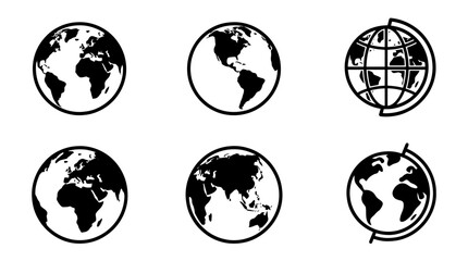 Obraz premium collection of globe earth, 6 filled black minimal icon vector set , white background , PNG and SVG isolate