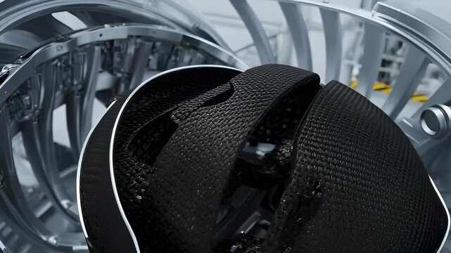 Close-Up of a Black Carbon Fiber Bicycle Helmet Inside a Testing Machine