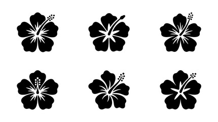 Fototapeta premium collection of hibiscus, 6 filled black minimal icon vector set , white background , PNG and SVG isolate