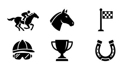 Fototapeta premium collection of horse racing, 6 filled black minimal icon vector set , white background , PNG and SVG isolate
