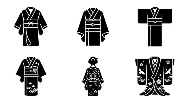 collection of kimono, 6 filled black minimal icon vector set , white background , PNG and SVG isolate