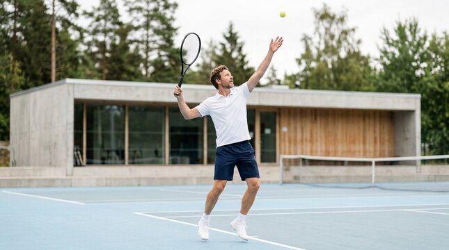 Man serving tennis ball on outdoor hard court near modern clubhouse, focused athletic motion with energetic mood, ideal for sports training and recreation themes