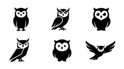 Obraz premium collection of owl, 6 filled black minimal icon vector set , white background , PNG and SVG isolate