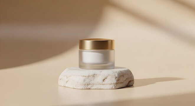 Frosted glass cosmetic cream jar with gold lid on marble platform